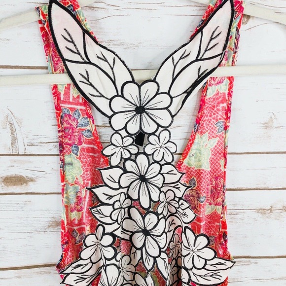 Free People Top Size S Floral Racerback Sleeveless Scoop Side Ties Coral Pink - Picture 6 of 8